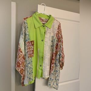 POL Floral Patchwork Lace Button-Up Oversized Shirt NWOT 🌴